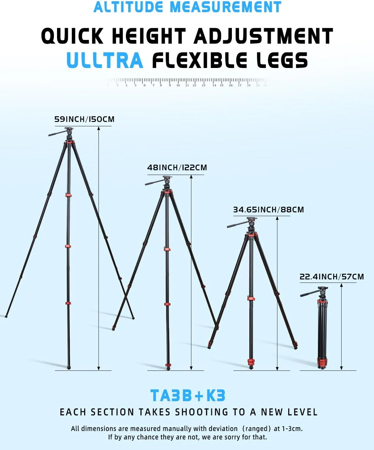 IFOOTAGE Gazelle Travel Tripod TA3B with Komodo Fluid Head K3,62/157.5cm Aluminum Alloy Tripod Kit for Camera,Smartphone Live Streaming Vlog Sony Nikon Canon Fuji DSLR,Load 11lbs,TA3B K3