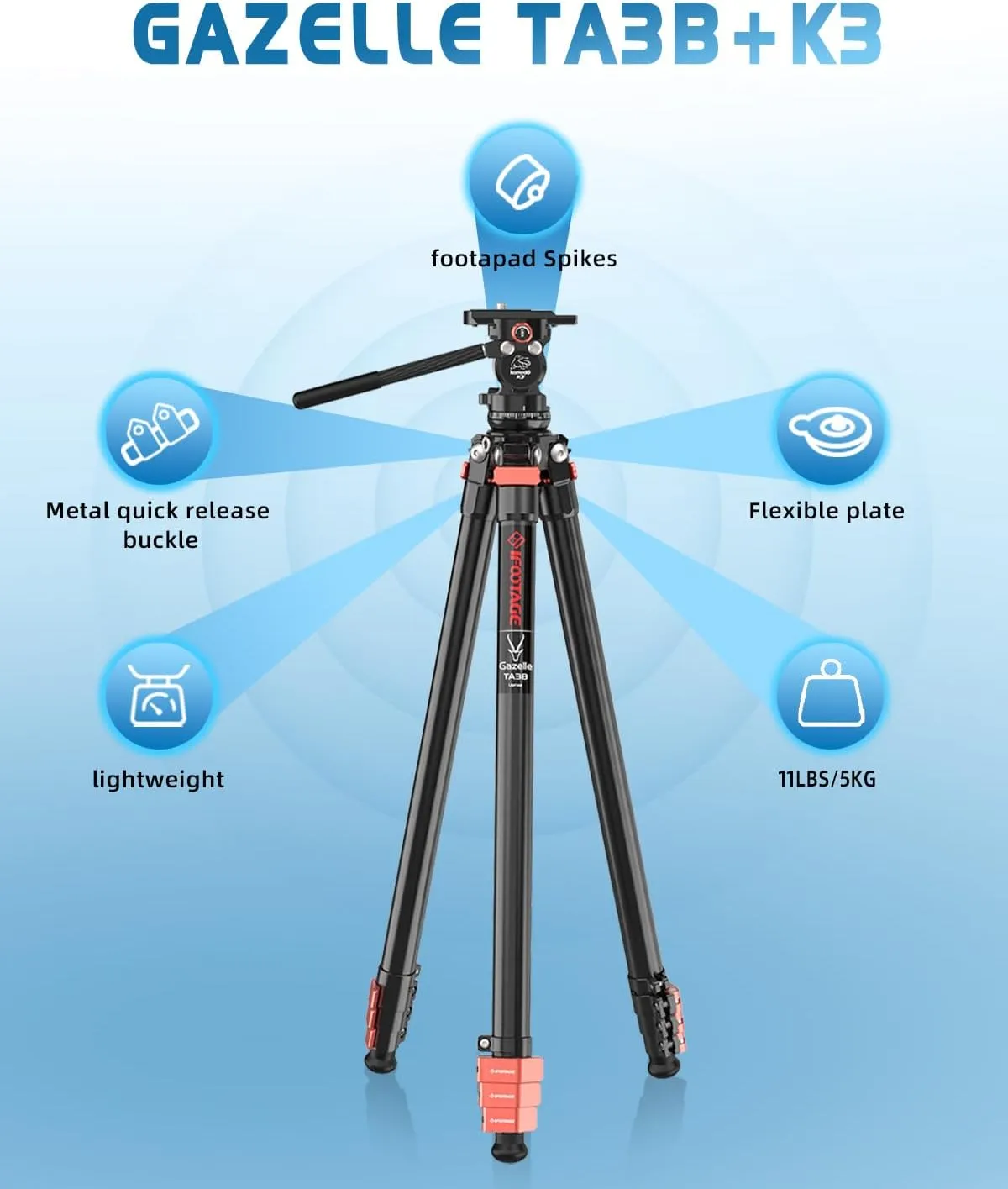 IFOOTAGE Gazelle Travel Tripod TA3B with Komodo Fluid Head K3,62/157.5cm Aluminum Alloy Tripod Kit for Camera,Smartphone Live Streaming Vlog Sony Nikon Canon Fuji DSLR,Load 11lbs,TA3B K3