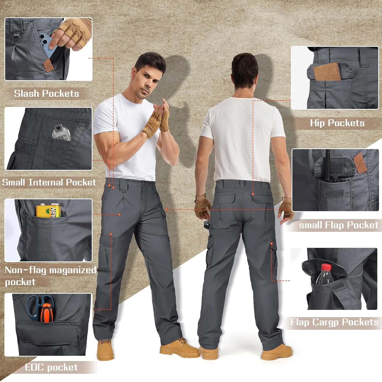 IGOLUMON Men's Stretch Tactical Pants, Breathable Ripstop Cargo Pants, Outdoor Lightweight EDC Work Hiking Pants