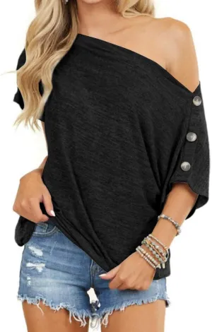 INFITTY Womens Off Shoulder Tops Casual Summer Loose Button Down Short Sleeve Shirt Tunic Blouse