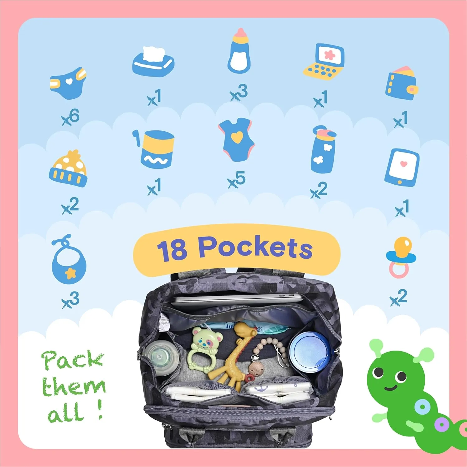iniuniu Diaper Bag Backpack, 4 in 1 kit Large Unisex Baby Bags for Boys Girls, Waterproof Travel Back Pack with Diaper Pouch, Washable Changing Pad, Pacifier Case and Stroller Straps, Camo