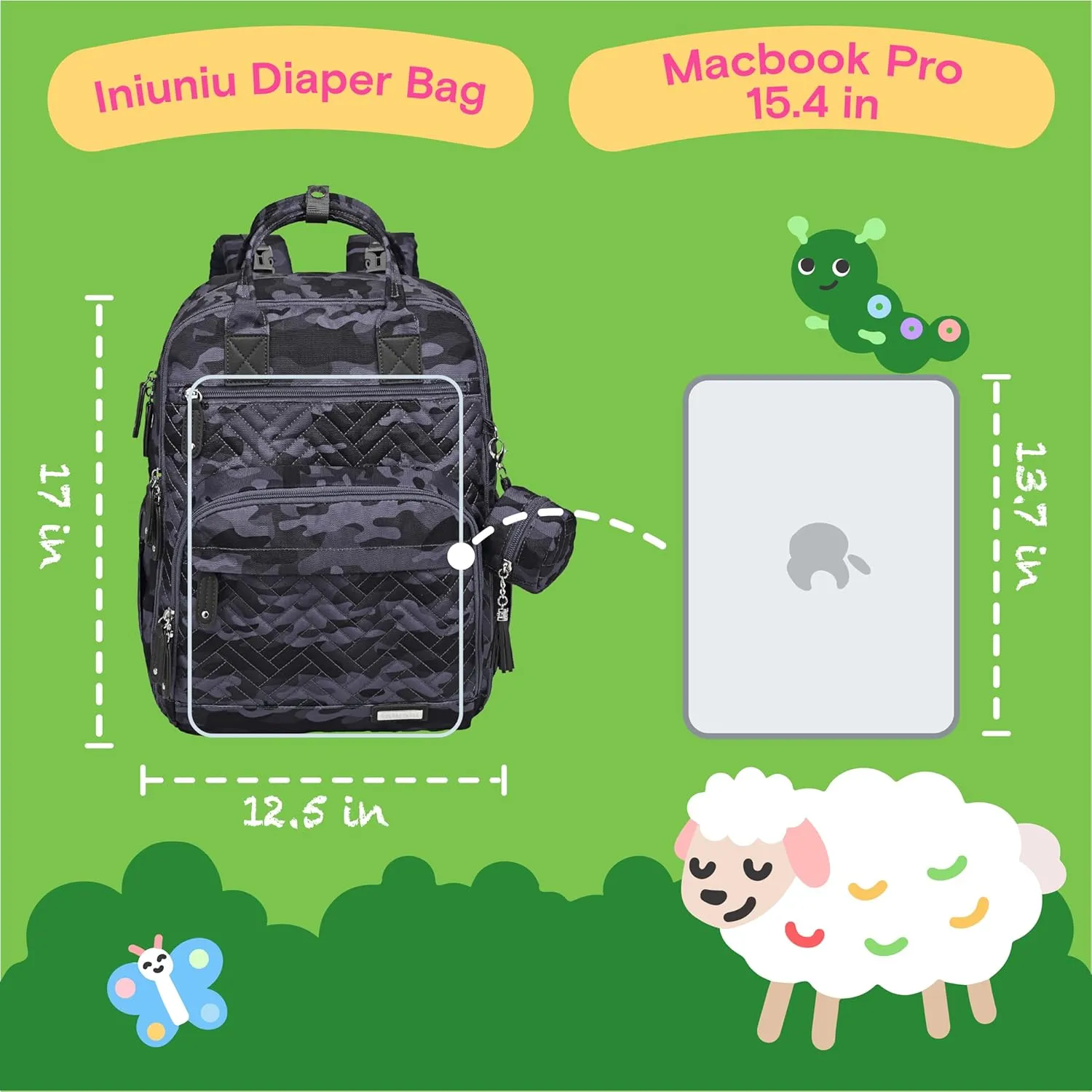 iniuniu Diaper Bag Backpack, 4 in 1 kit Large Unisex Baby Bags for Boys Girls, Waterproof Travel Back Pack with Diaper Pouch, Washable Changing Pad, Pacifier Case and Stroller Straps, Camo