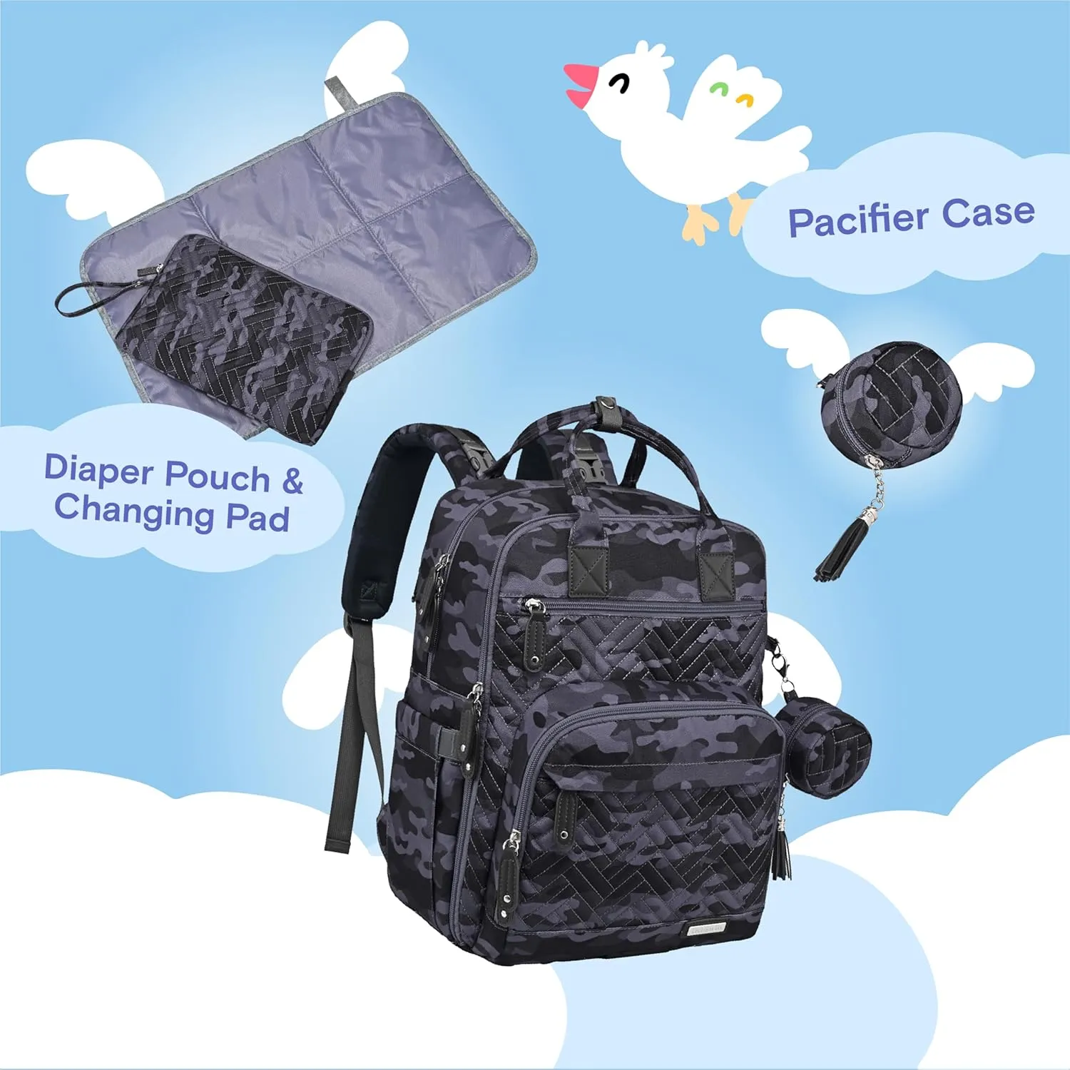 iniuniu Diaper Bag Backpack, 4 in 1 kit Large Unisex Baby Bags for Boys Girls, Waterproof Travel Back Pack with Diaper Pouch, Washable Changing Pad, Pacifier Case and Stroller Straps, Camo