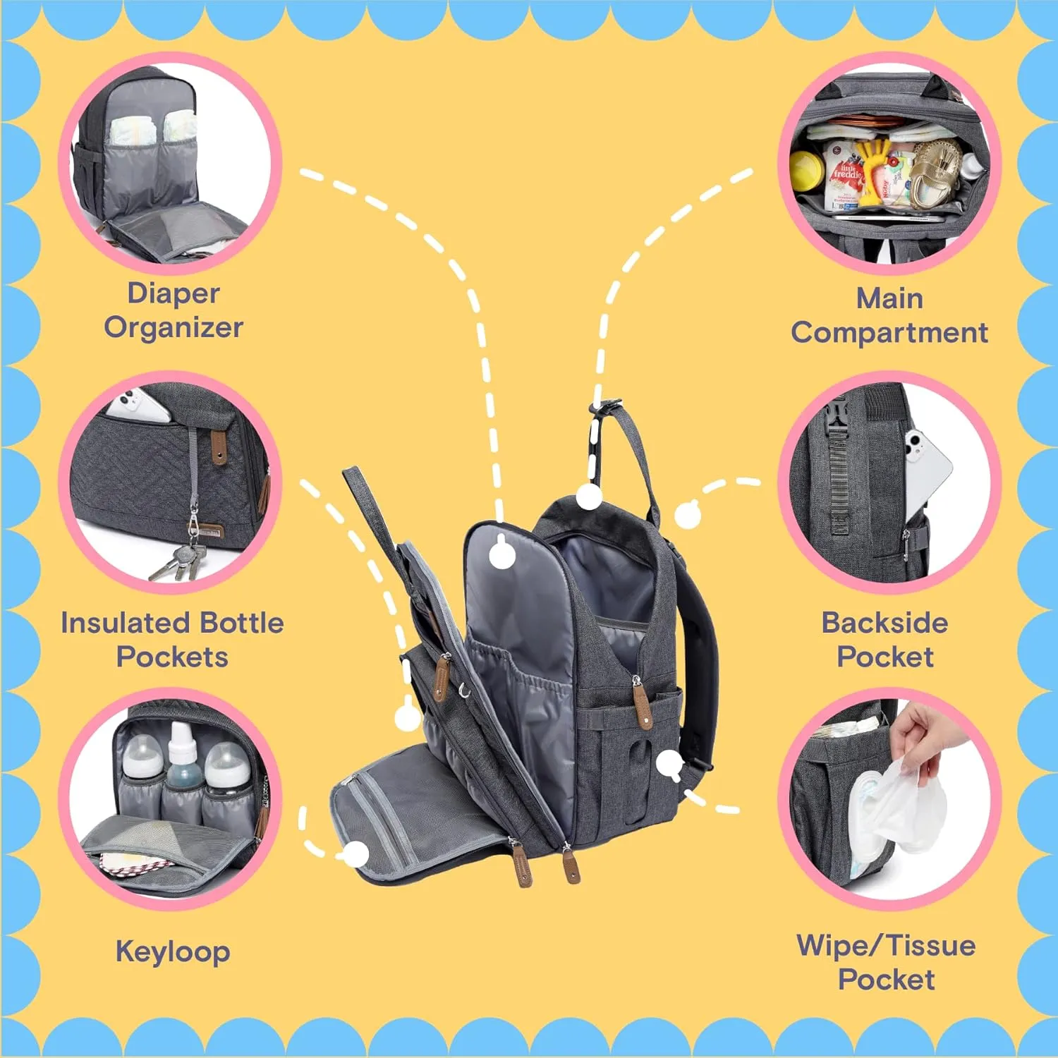 iniuniu Diaper Bag Backpack, 4 in 1 kit Large Unisex Baby Bags for Boys Girls, Waterproof Travel Back Pack with Diaper Pouch, Washable Changing Pad, Pacifier Case and Stroller Straps, Gray