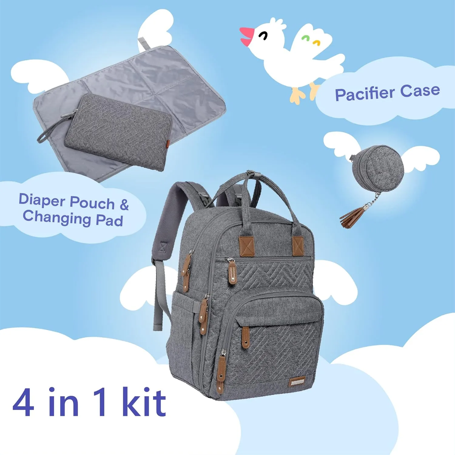iniuniu Diaper Bag Backpack, 4 in 1 kit Large Unisex Baby Bags for Boys Girls, Waterproof Travel Back Pack with Diaper Pouch, Washable Changing Pad, Pacifier Case and Stroller Straps, Gray