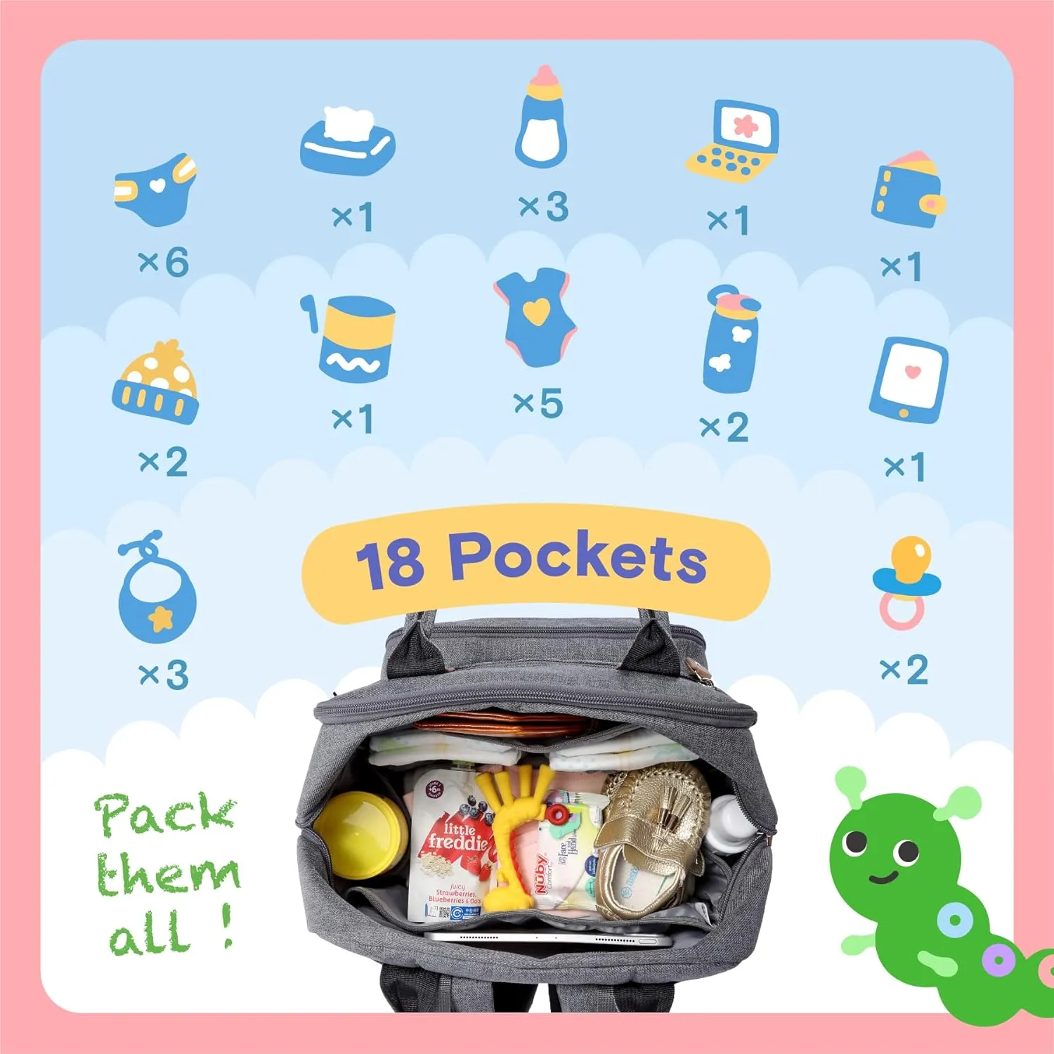 iniuniu Diaper Bag Backpack, 4 in 1 kit Large Unisex Baby Bags for Boys Girls, Waterproof Travel Back Pack with Diaper Pouch, Washable Changing Pad, Pacifier Case and Stroller Straps, Gray