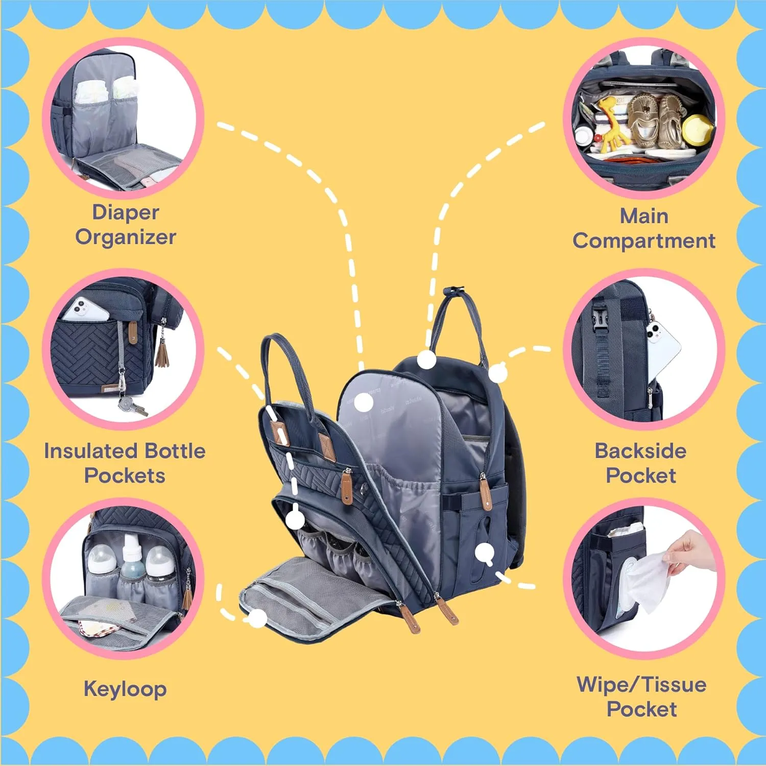 iniuniu Diaper Bag Backpack, 4 in 1 kit Large Unisex Baby Bags for Boys Girls, Waterproof Travel Back Pack with Diaper Pouch, Washable Changing Pad, Pacifier Case and Stroller Straps, Navy Blue