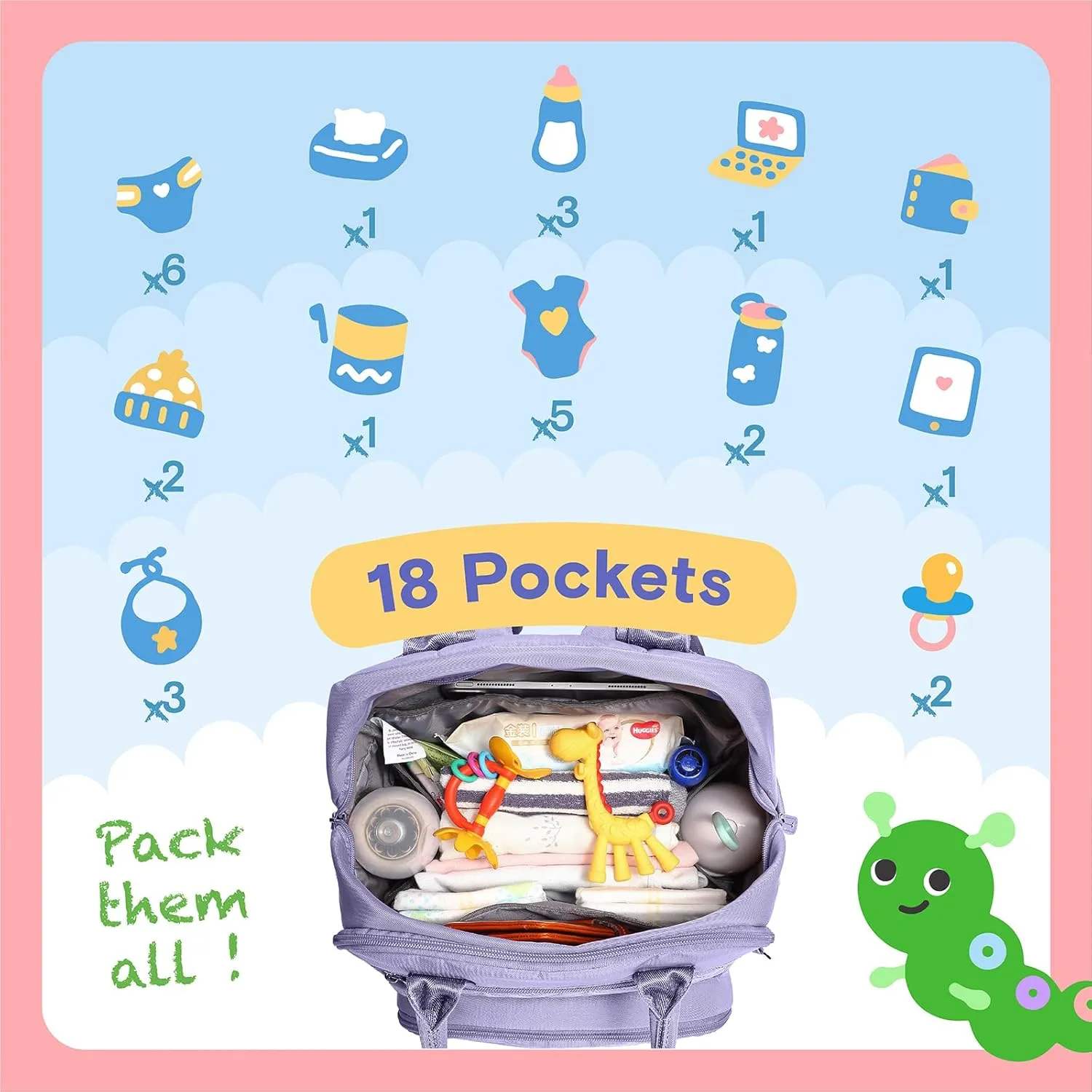 iniuniu Diaper Bag Backpack, 4 in 1 kit Large Unisex Baby Bags for Boys Girls, Waterproof Travel Back Pack with Diaper Pouch, Washable Changing Pad, Pacifier Case and Stroller Straps, Taro Purple
