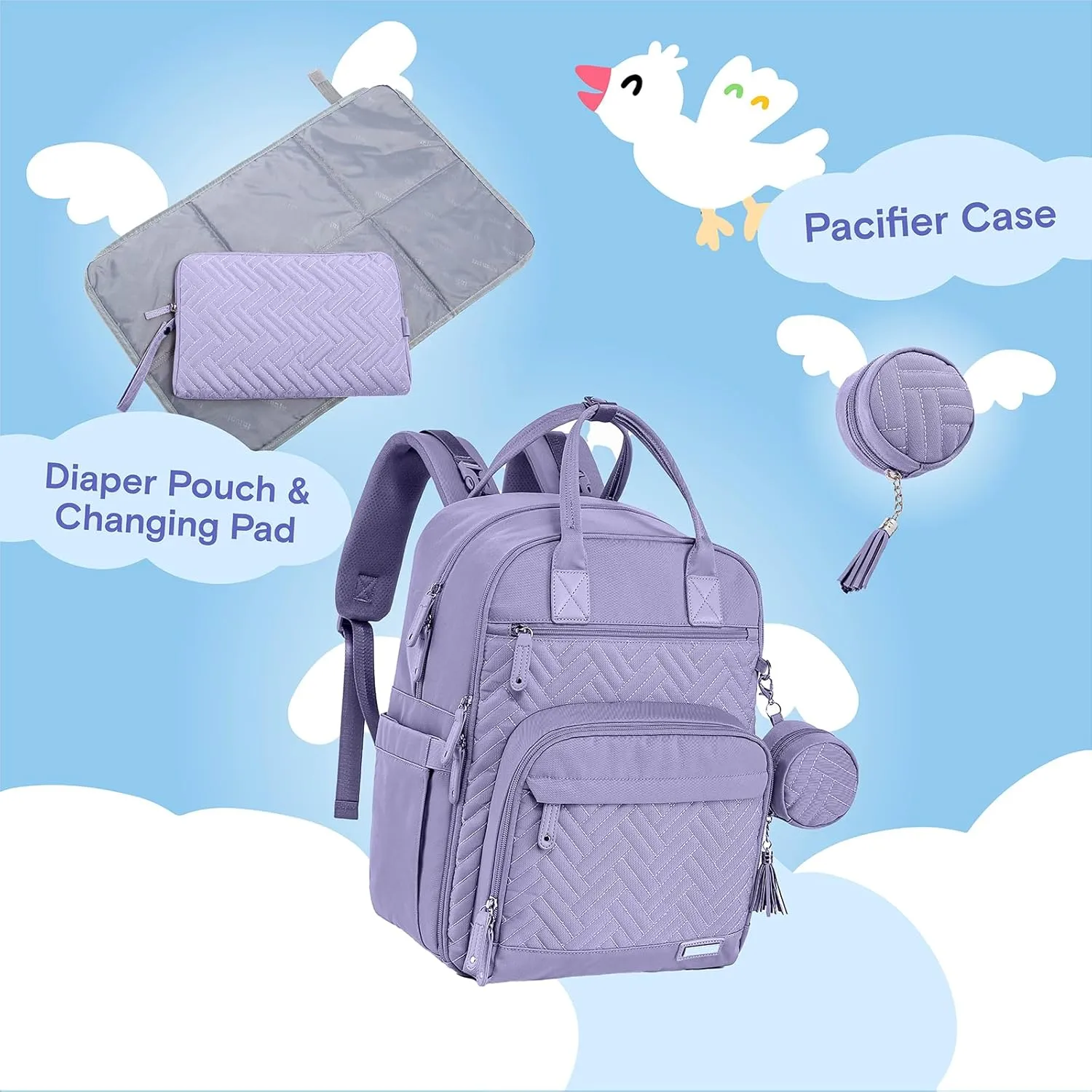 iniuniu Diaper Bag Backpack, 4 in 1 kit Large Unisex Baby Bags for Boys Girls, Waterproof Travel Back Pack with Diaper Pouch, Washable Changing Pad, Pacifier Case and Stroller Straps, Taro Purple