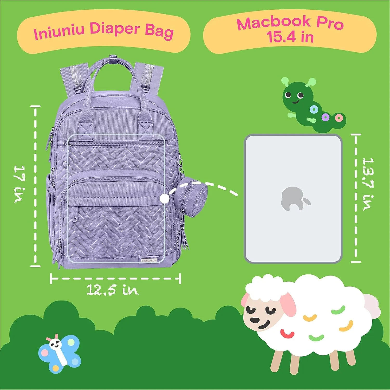 iniuniu Diaper Bag Backpack, 4 in 1 kit Large Unisex Baby Bags for Boys Girls, Waterproof Travel Back Pack with Diaper Pouch, Washable Changing Pad, Pacifier Case and Stroller Straps, Taro Purple