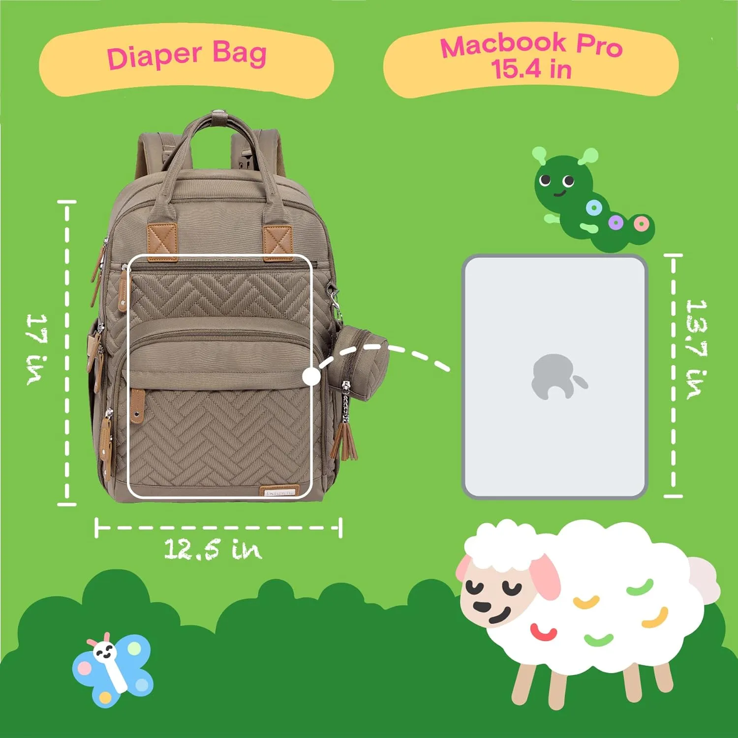iniuniu Diaper Bag Backpack, Large Unisex Baby Bags for Boys Girls, Waterproof Travel Back Pack with Diaper Pouch, Washable Changing Pad, Pacifier Case and Stroller Straps, Khaki