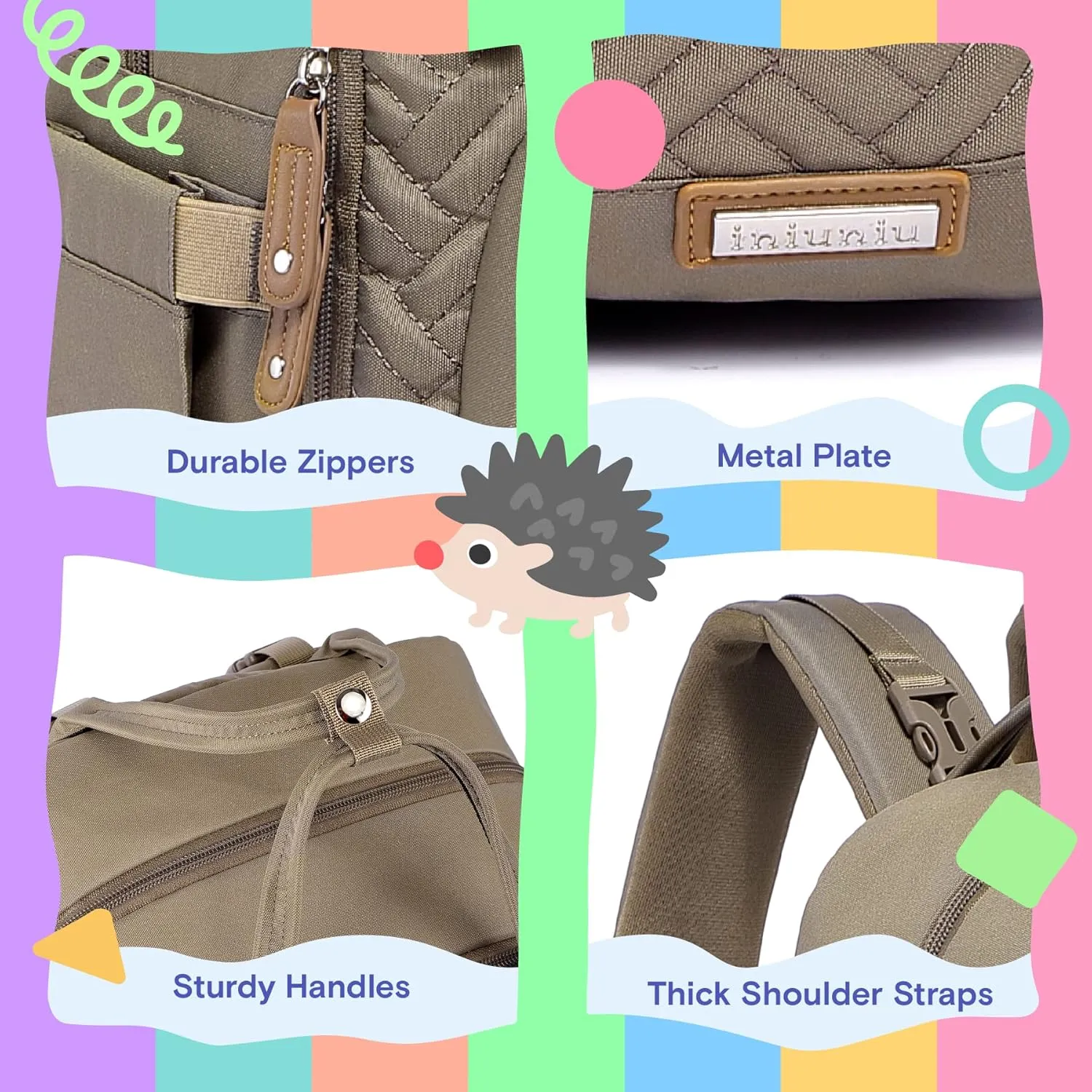 iniuniu Diaper Bag Backpack, Large Unisex Baby Bags for Boys Girls, Waterproof Travel Back Pack with Diaper Pouch, Washable Changing Pad, Pacifier Case and Stroller Straps, Khaki