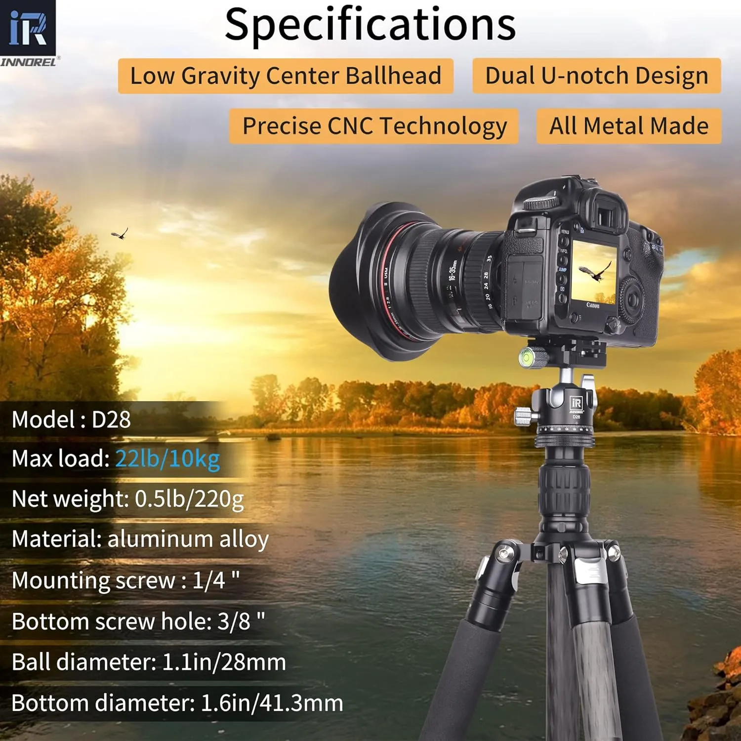 INNOREL D28 28mm Low Profile Tripod Ball Head Professional All Metal CNC 360° Panoramic Camera Tripod Head for Monopod,DSLR Cameras,Camcorder,DV with 1/4" Arca Swiss Quick Release Plate Load 22lb/10kg
