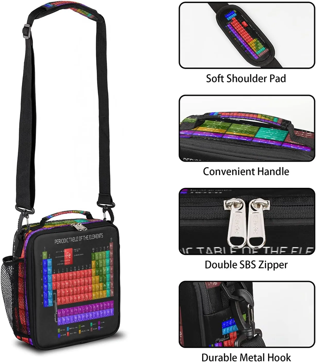Insulated Lunch Bag for Women Men Periodic Table Pattern Lunch Box for Boys Girls Meal Prep Cooler Bag with Adjustable Shoulder Strap & Side Pocket for School Work