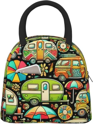 Insulated Lunch Bag Tote Happy Colorful Campsite Reusable Lunch Box Container For Work,Office,Travel