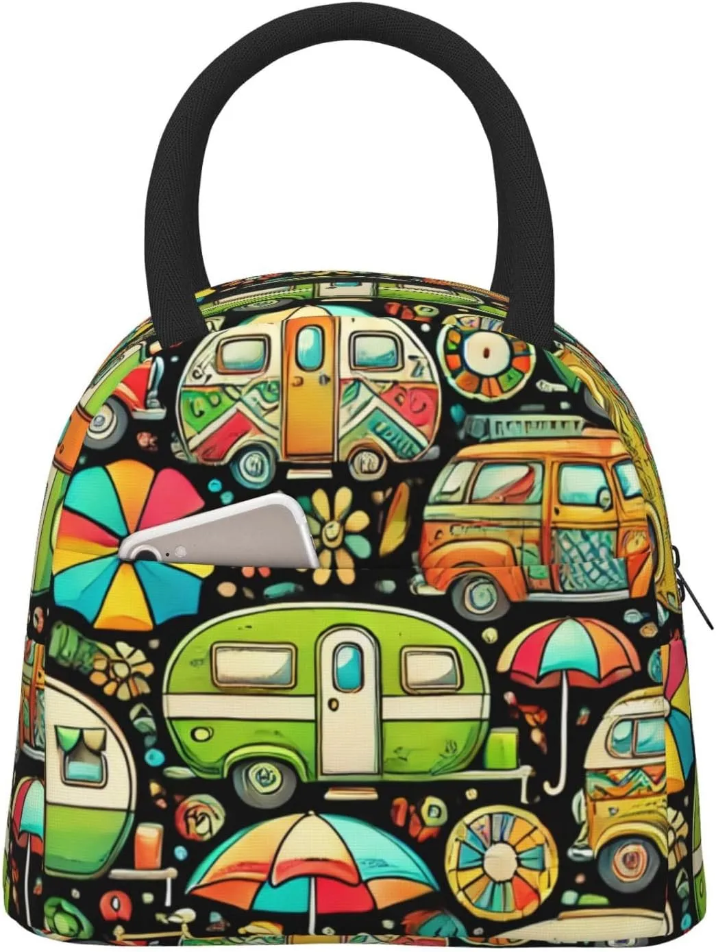 Insulated Lunch Bag Tote Happy Colorful Campsite Reusable Lunch Box Container For Work,Office,Travel
