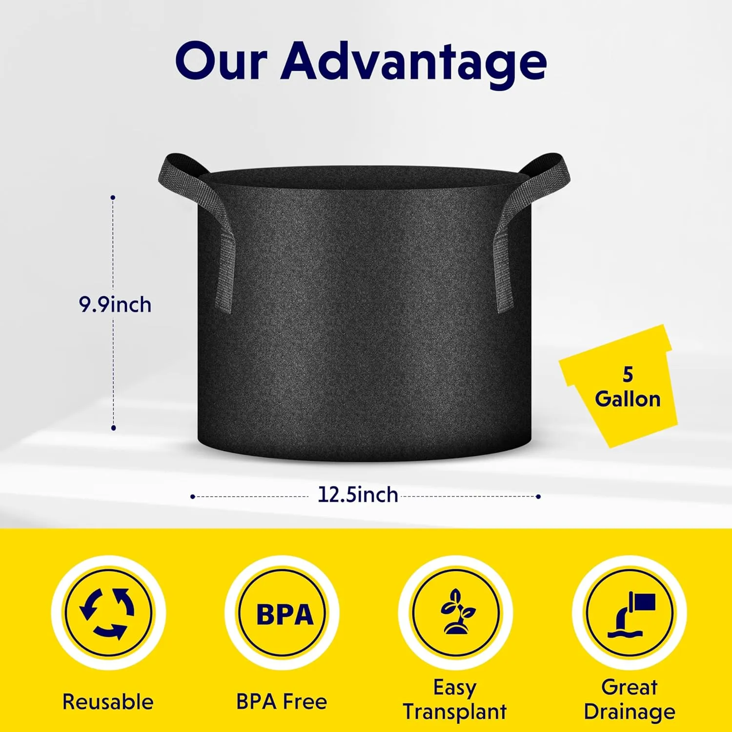 iPower 15-Pack 5 Gallon Thickened Grow Bags Nonwoven Fabric Pots Aeration Container with Strap Handles for Garden and Planting, Black