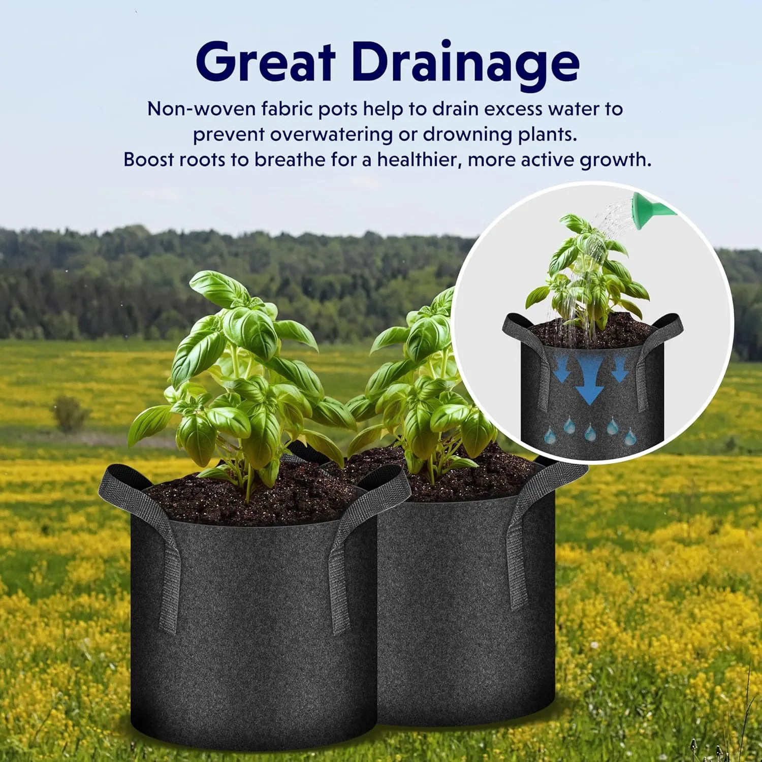 iPower 15-Pack 5 Gallon Thickened Grow Bags Nonwoven Fabric Pots Aeration Container with Strap Handles for Garden and Planting, Black