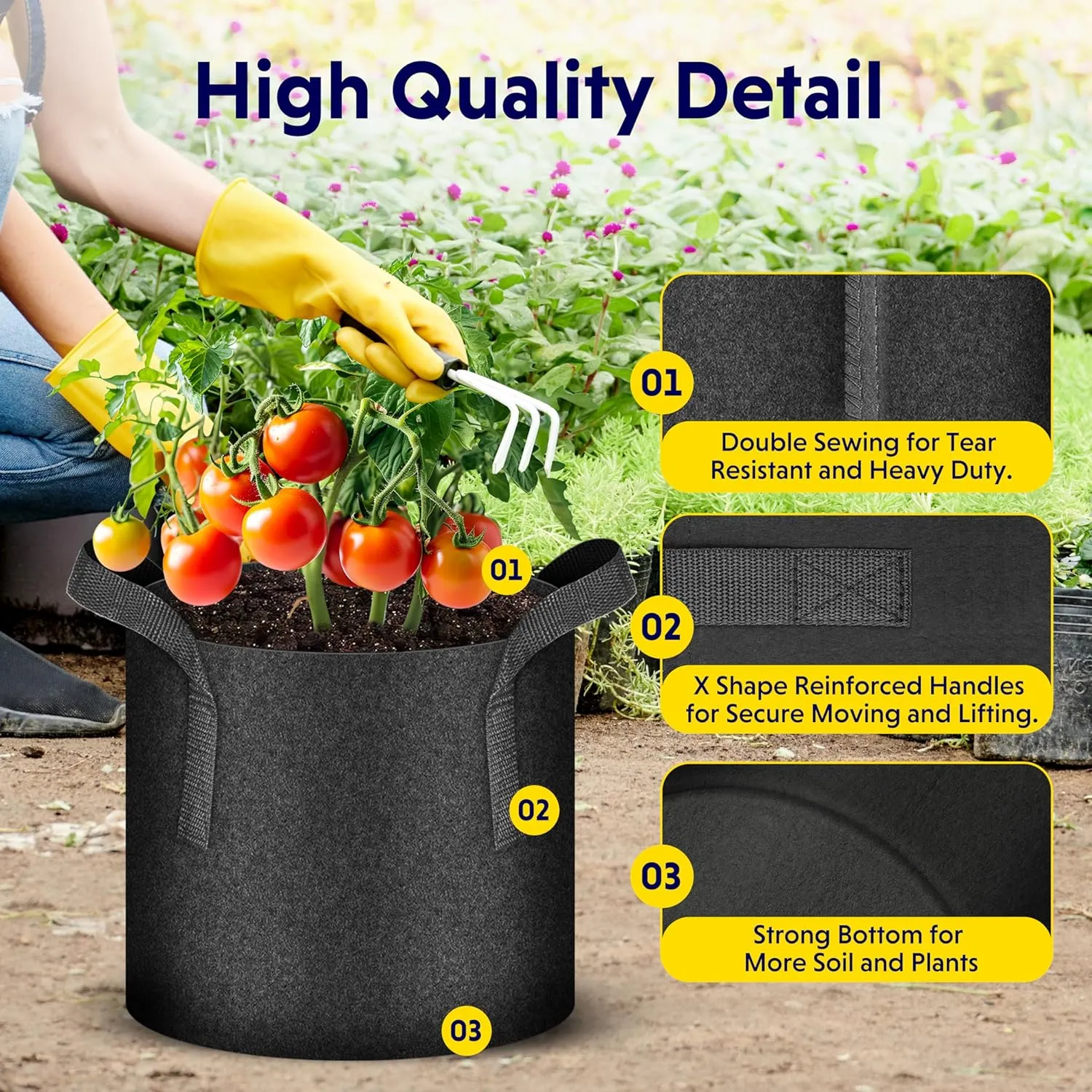 iPower 15-Pack 5 Gallon Thickened Grow Bags Nonwoven Fabric Pots Aeration Container with Strap Handles for Garden and Planting, Black