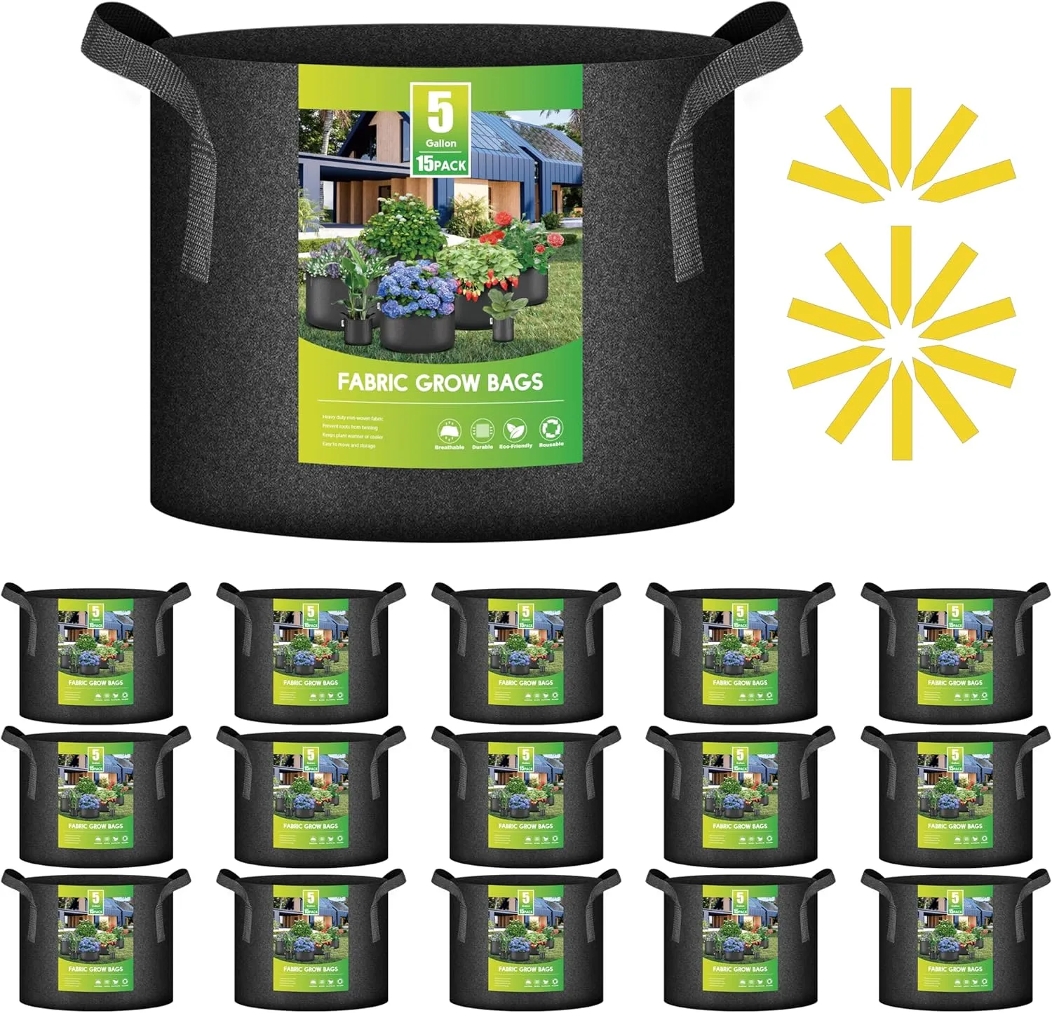 iPower 15-Pack 5 Gallon Thickened Grow Bags Nonwoven Fabric Pots Aeration Container with Strap Handles for Garden and Planting, Black