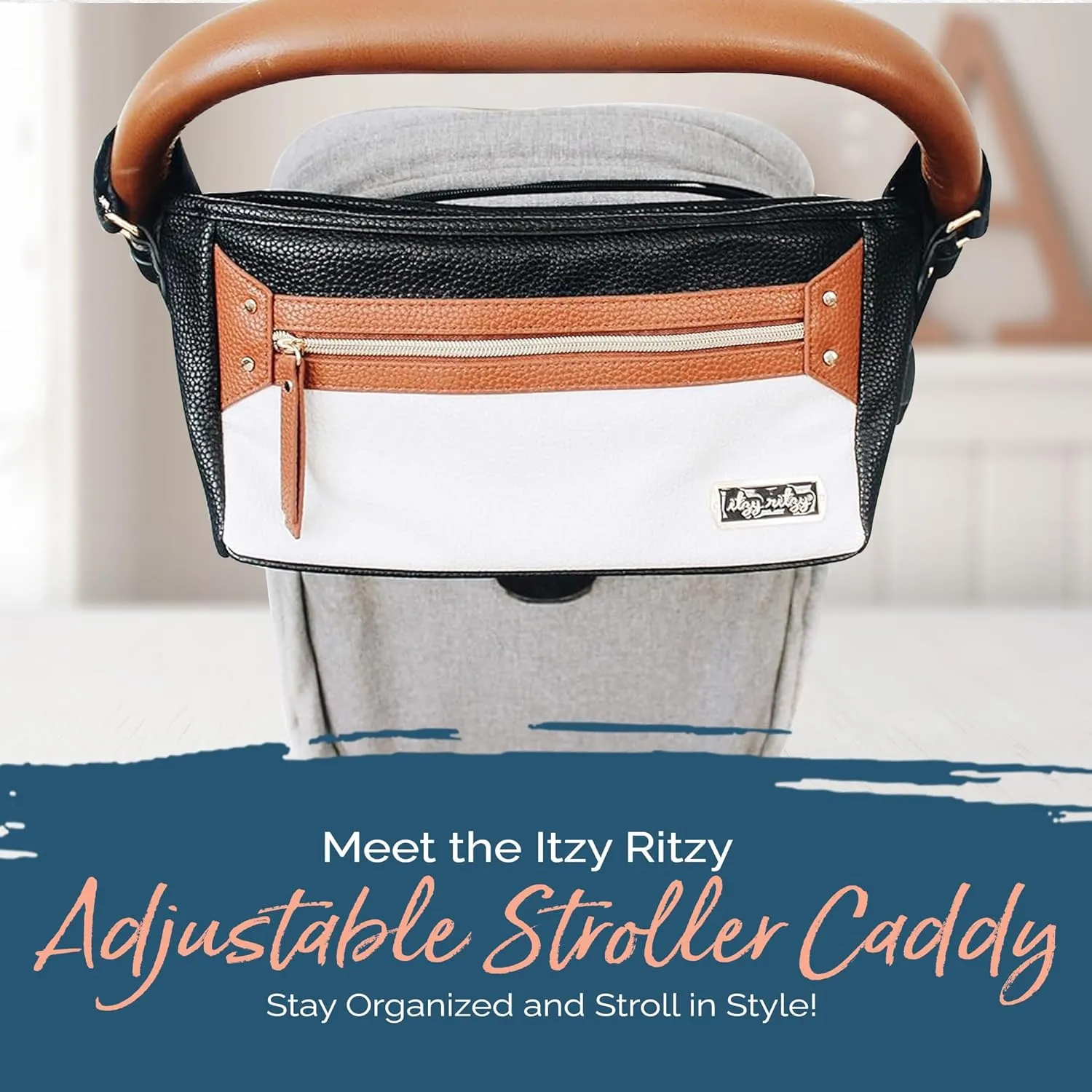 Itzy Ritzy Adjustable Stroller Caddy and Organizer Bag Featuring Front Zippered Pocket, 2 Built-In Interior Pockets & Adjustable Straps to Fit Nearly Any Stroller (Coffee and Cream)