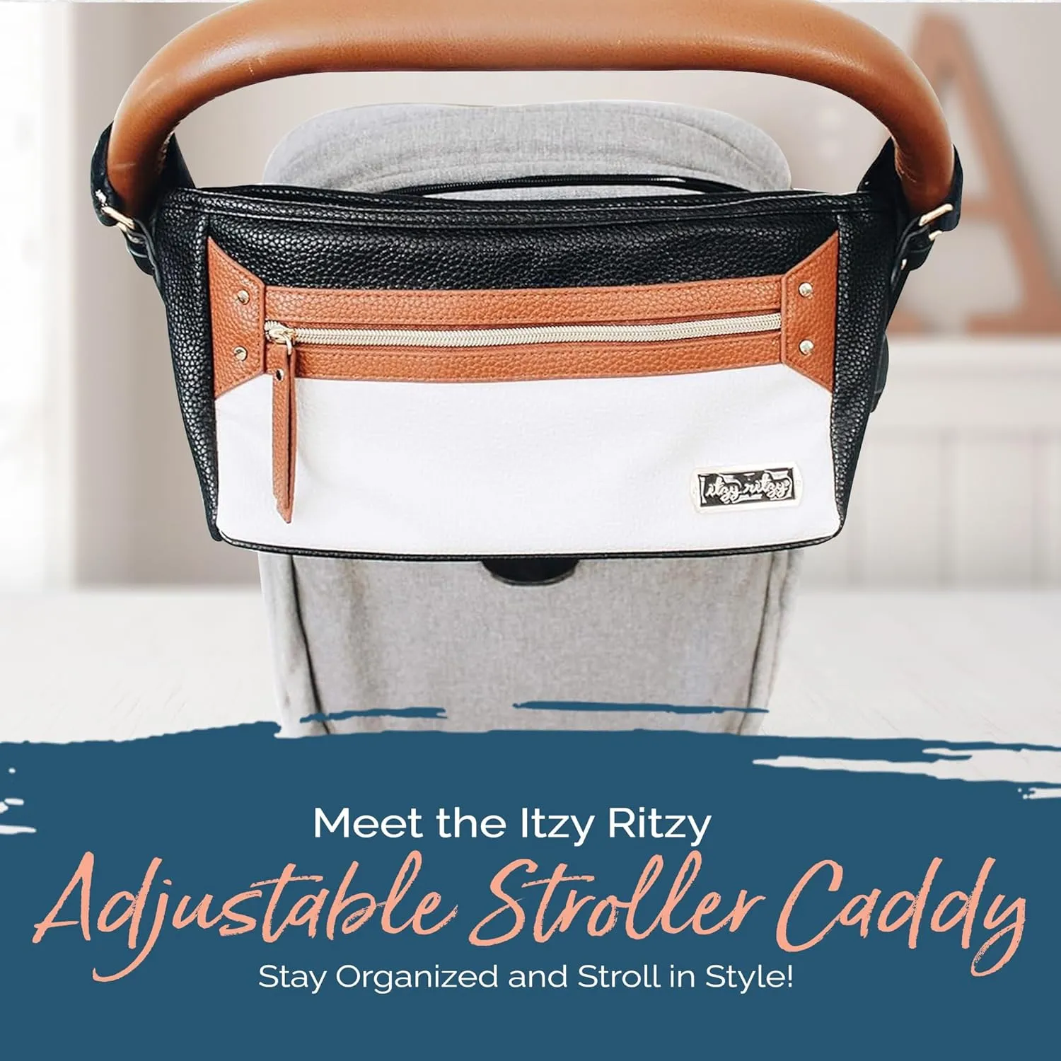Itzy Ritzy Adjustable Stroller Caddy / Organizer - Stroller Organizer Bag Featuring Front Zippered Pocket, 2 Built-In Interior Pockets & Adjustable Straps to Fit Nearly Any Stroller (Coffee and Cream)