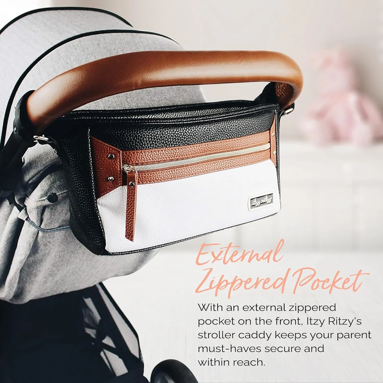 Itzy Ritzy Adjustable Stroller Caddy / Organizer - Stroller Organizer Bag Featuring Front Zippered Pocket, 2 Built-In Interior Pockets & Adjustable Straps to Fit Nearly Any Stroller (Coffee and Cream)