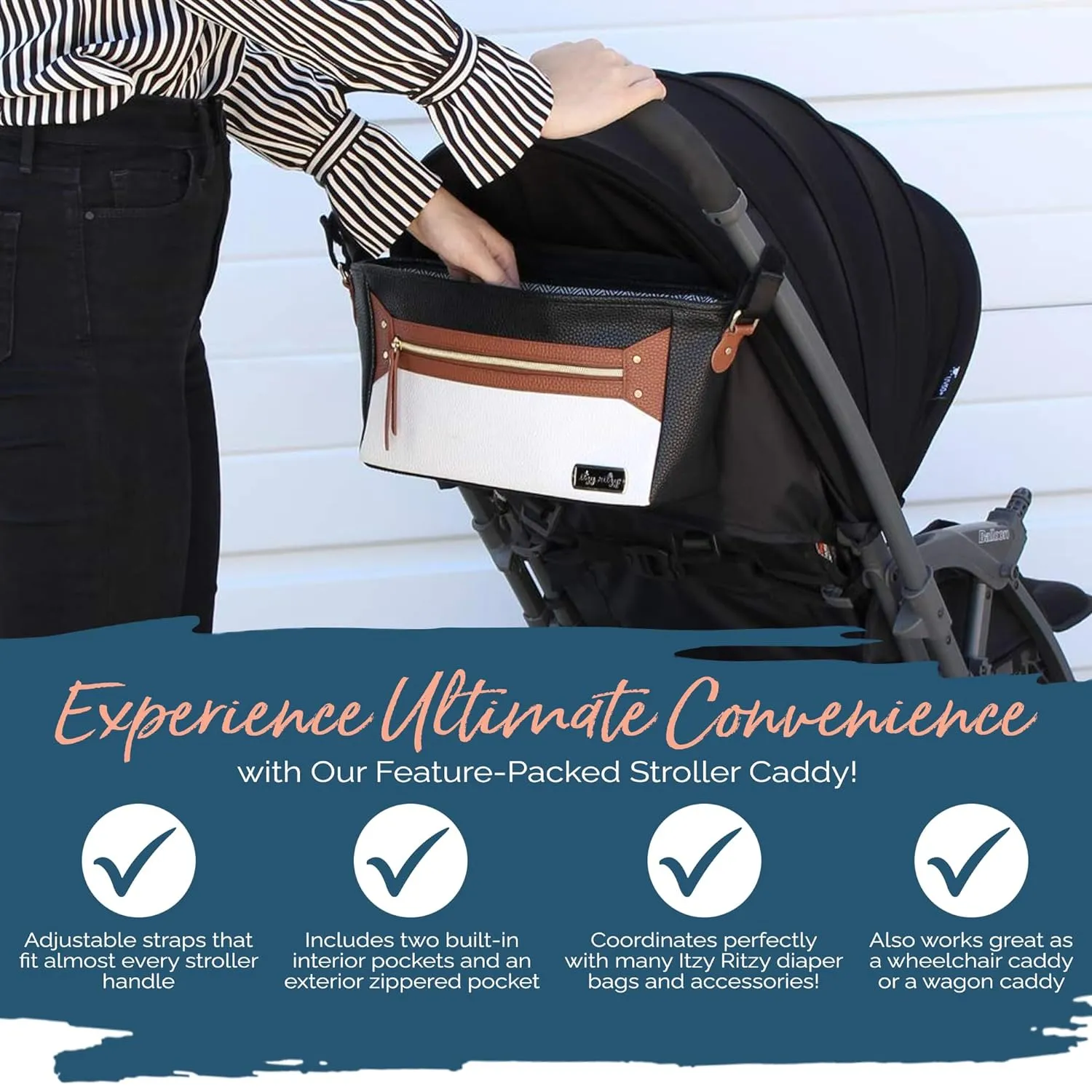 Itzy Ritzy Adjustable Stroller Caddy / Organizer - Stroller Organizer Bag Featuring Front Zippered Pocket, 2 Built-In Interior Pockets & Adjustable Straps to Fit Nearly Any Stroller (Coffee and Cream)