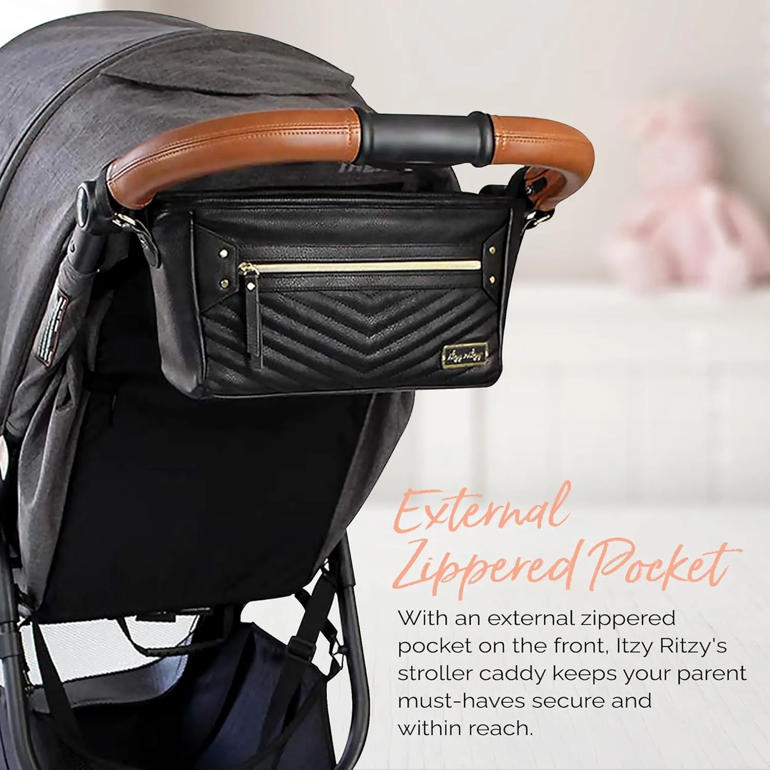 Itzy Ritzy Adjustable Stroller Organizer With Built-In Pockets, Zippered Pocket & Straps To Fit Any Stroller, Black with Gold Hardware
