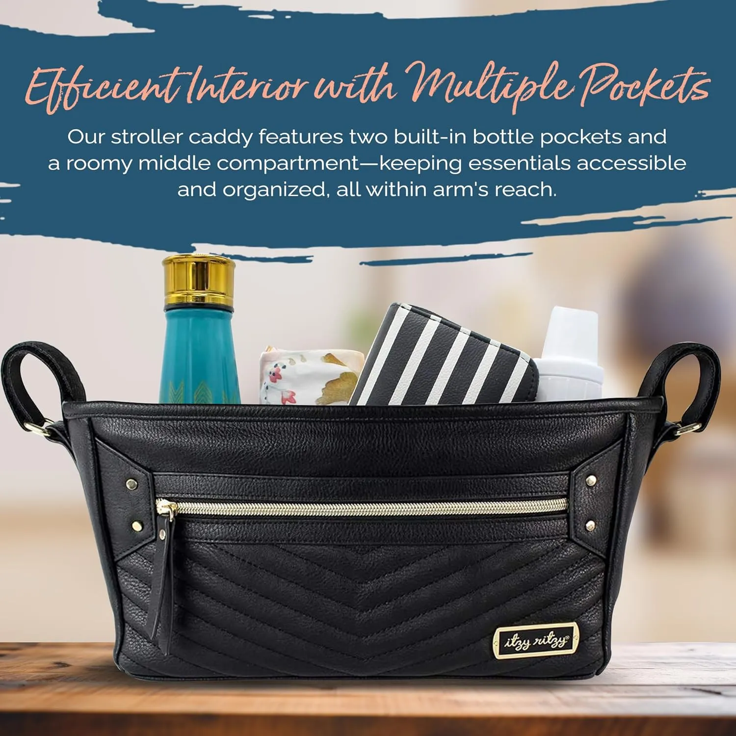 Itzy Ritzy Adjustable Stroller Organizer With Built-In Pockets, Zippered Pocket & Straps To Fit Any Stroller, Black with Gold Hardware
