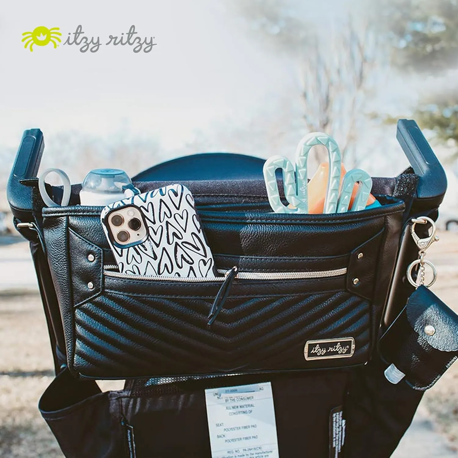 Itzy Ritzy Adjustable Stroller Organizer With Built-In Pockets, Zippered Pocket & Straps To Fit Any Stroller, Black with Gold Hardware