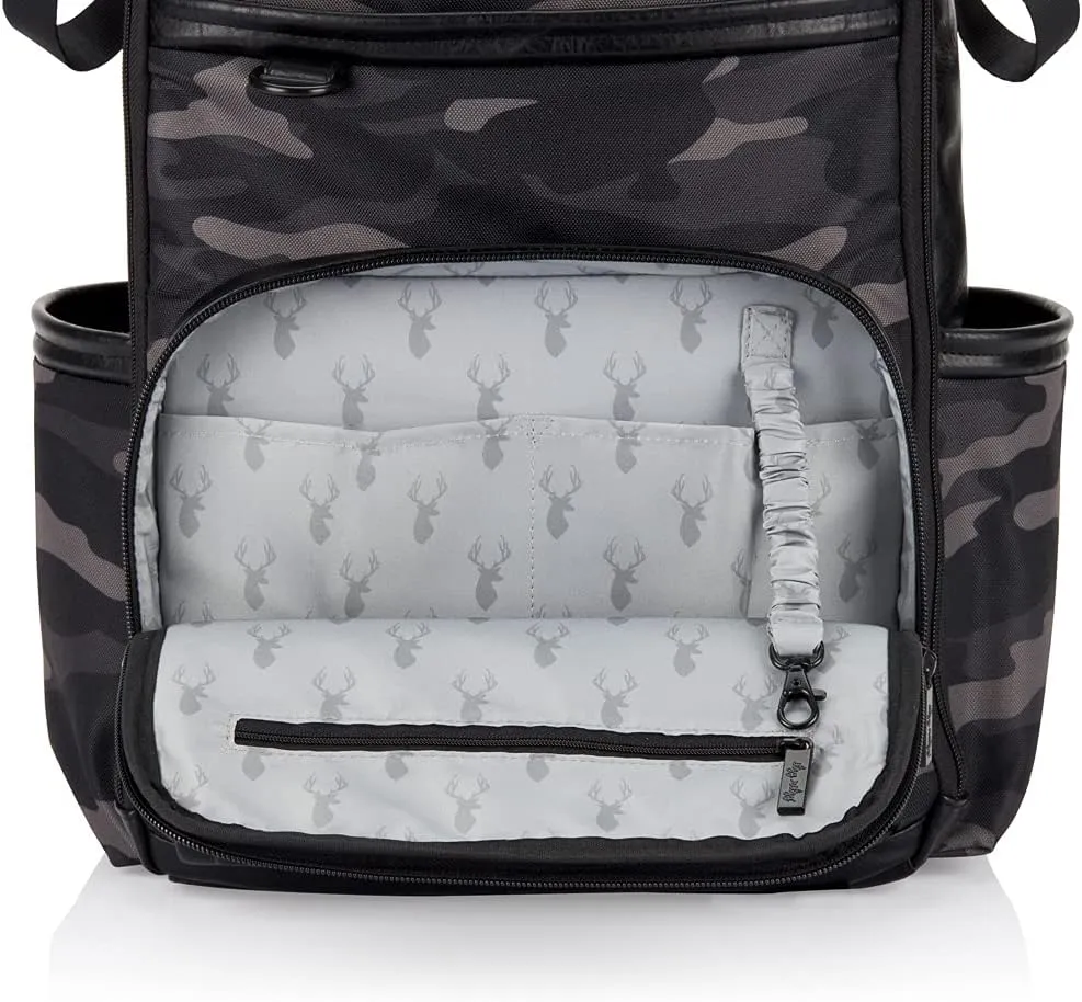 Itzy Ritzy Chelsea   Cole Diaper Bag Backpack - Large Capacity Boss Backpack Diaper Bag; Includes Changing Pad, Stroller Clips and Tassel, Camo with Stag Head Print Interior and Black Hardware