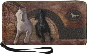 Jeiento Horse Long Wallet for Women Slim Purse PU Leather Clutch Zip Around Cards Phone Holder,Brown