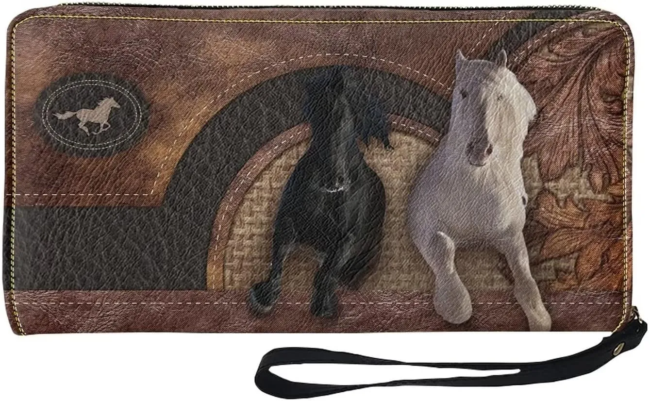 Jeiento Horse Long Wallet for Women Slim Purse PU Leather Clutch Zip Around Cards Phone Holder,Brown