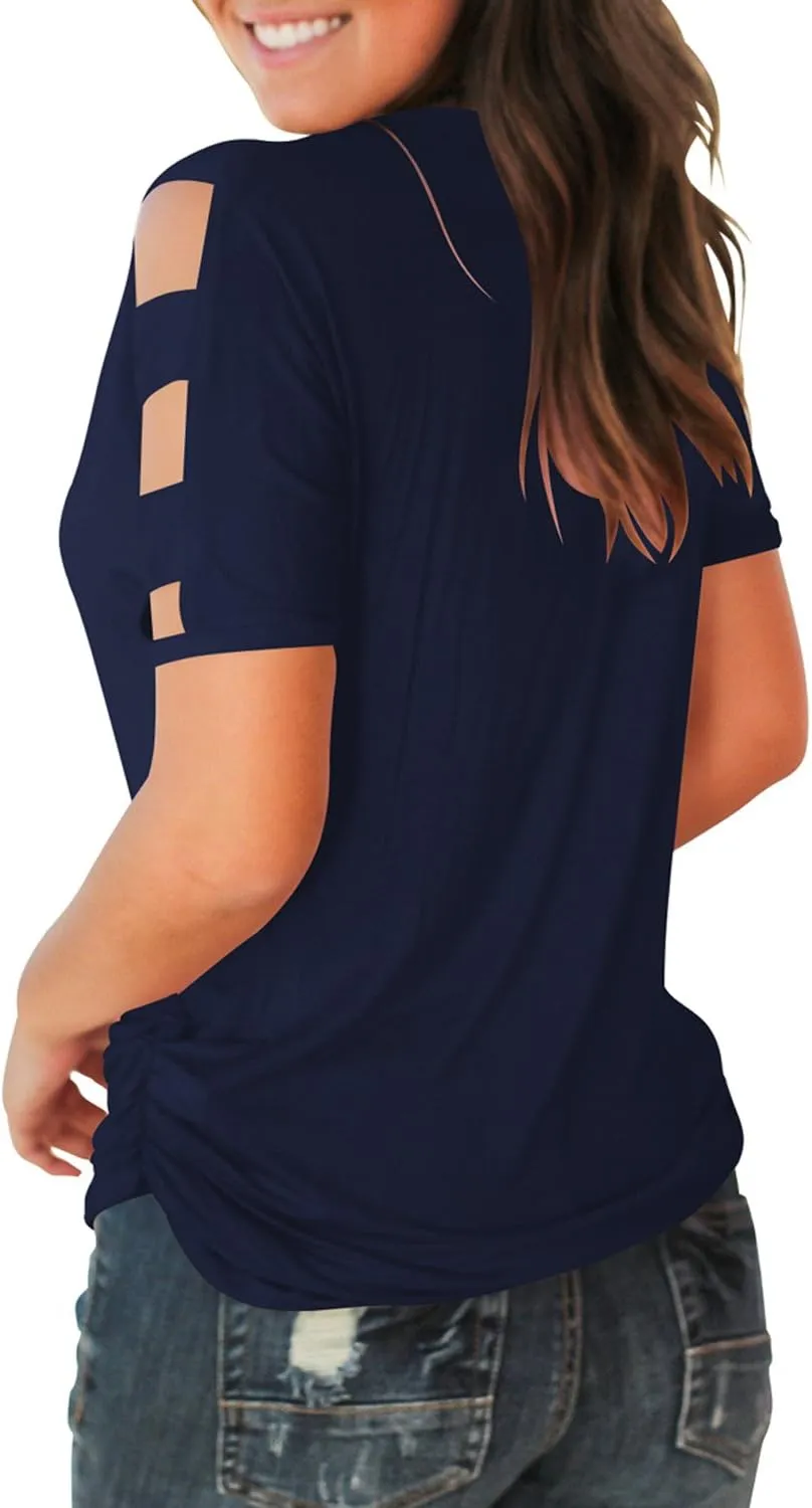 Jescakoo Women's Short Sleeve Cut Out Cold Shoulder Tops Deep V Neck T Shirts