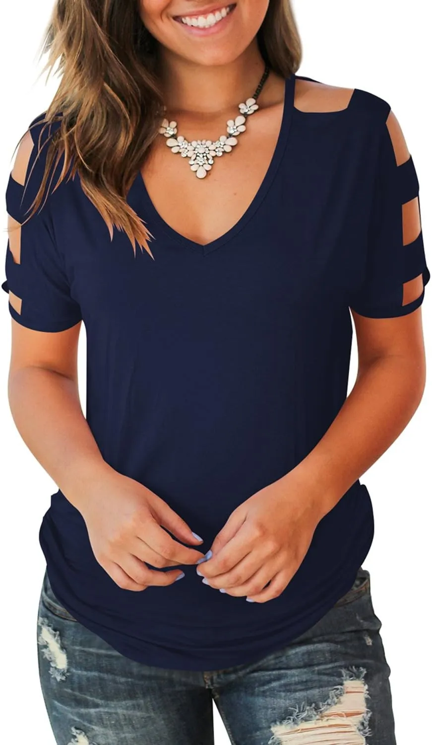 Jescakoo Women's Short Sleeve Cut Out Cold Shoulder Tops Deep V Neck T Shirts