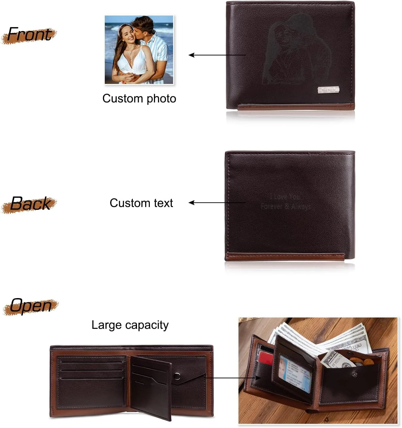 JewelOra Custom Photo Wallet for Men, Personalized Engraved Men's Photo Wallet, Customized PU Leather Wallet for Father's Day Birthday Christmas Gift for Husband, Dad, Son, Boyfriend(Brown-3)