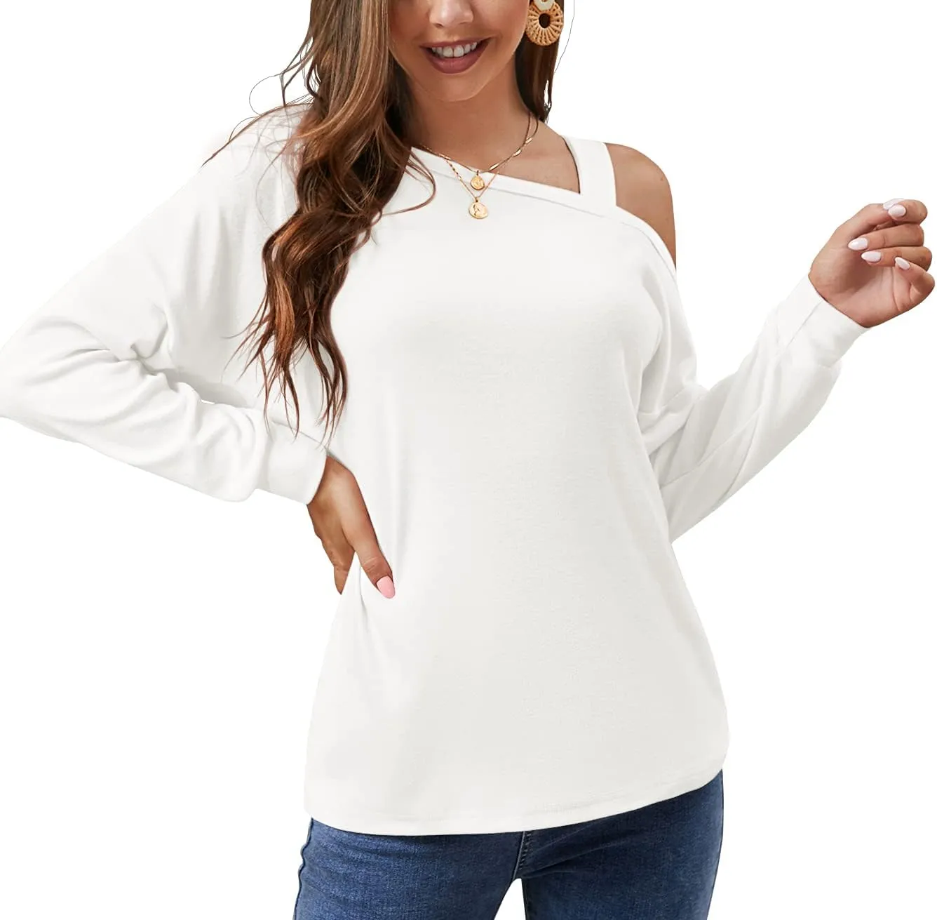JINKESI Women's Long Sleeve Tunic Tops Casual Cold Shoulder Blouse Shirts