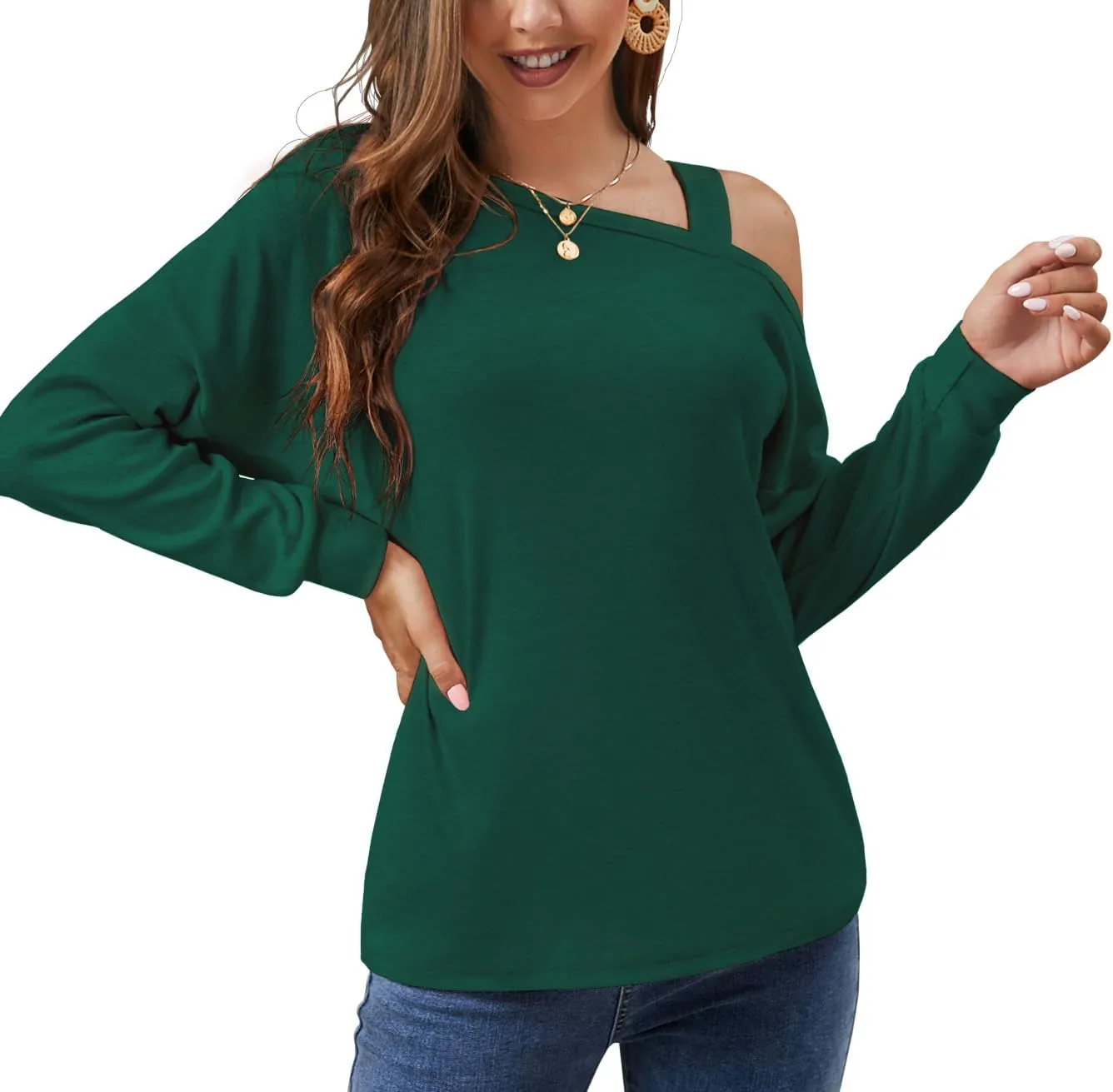 JINKESI Women's Long Sleeve Tunic Tops Casual Cold Shoulder Blouse Shirts