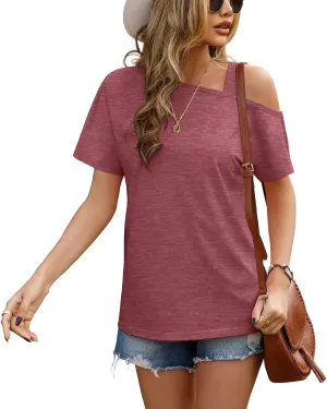 JINKESI Women's Short Sleeve Tunic Tops Casual Summer Cold Shoulder Blouse Shirts
