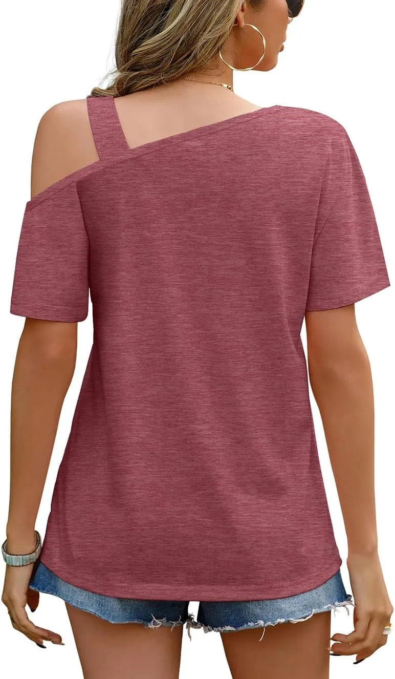 JINKESI Women's Short Sleeve Tunic Tops Casual Summer Cold Shoulder Blouse Shirts