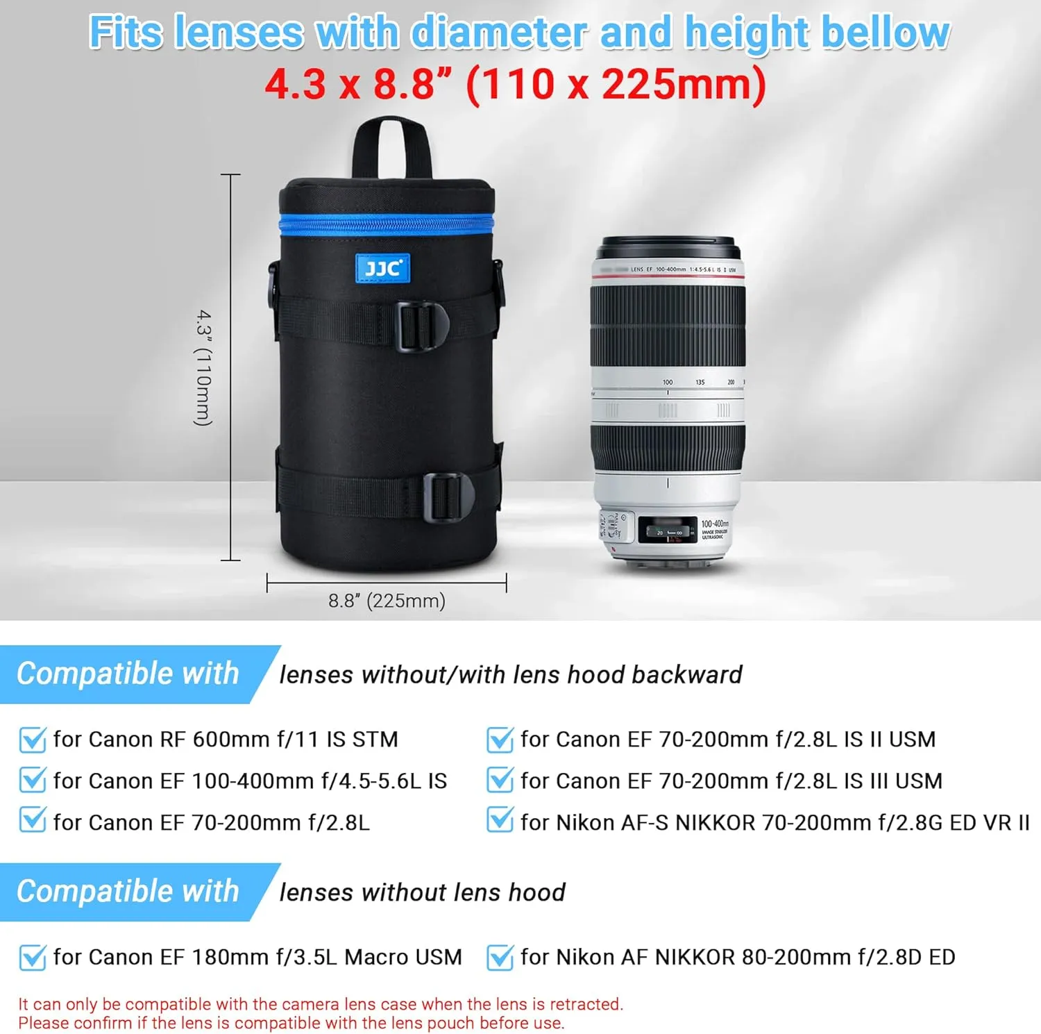 JJC Large Camera Lens Pouch Case Bag for Canon EF 100-400mm, 70-200mm f2.8 III II, 180mm f3.5L, RF 600mm f11, AF-S 80-200mm, 70-200mm f2.8G VR II and Other Lens Below 4.3 x 8.8(D x L)