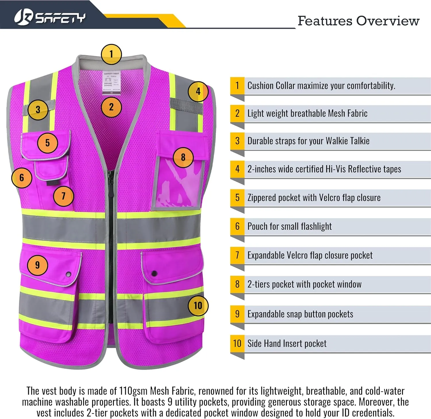 JKSafety 9 Pockets Hi-Vis Safety Vest Breathable Mesh Fabric Cushioned Collar Work Utility PPE Lightweight Industrial Work Gear ANSI/ISEA compliant (101-Purple M)