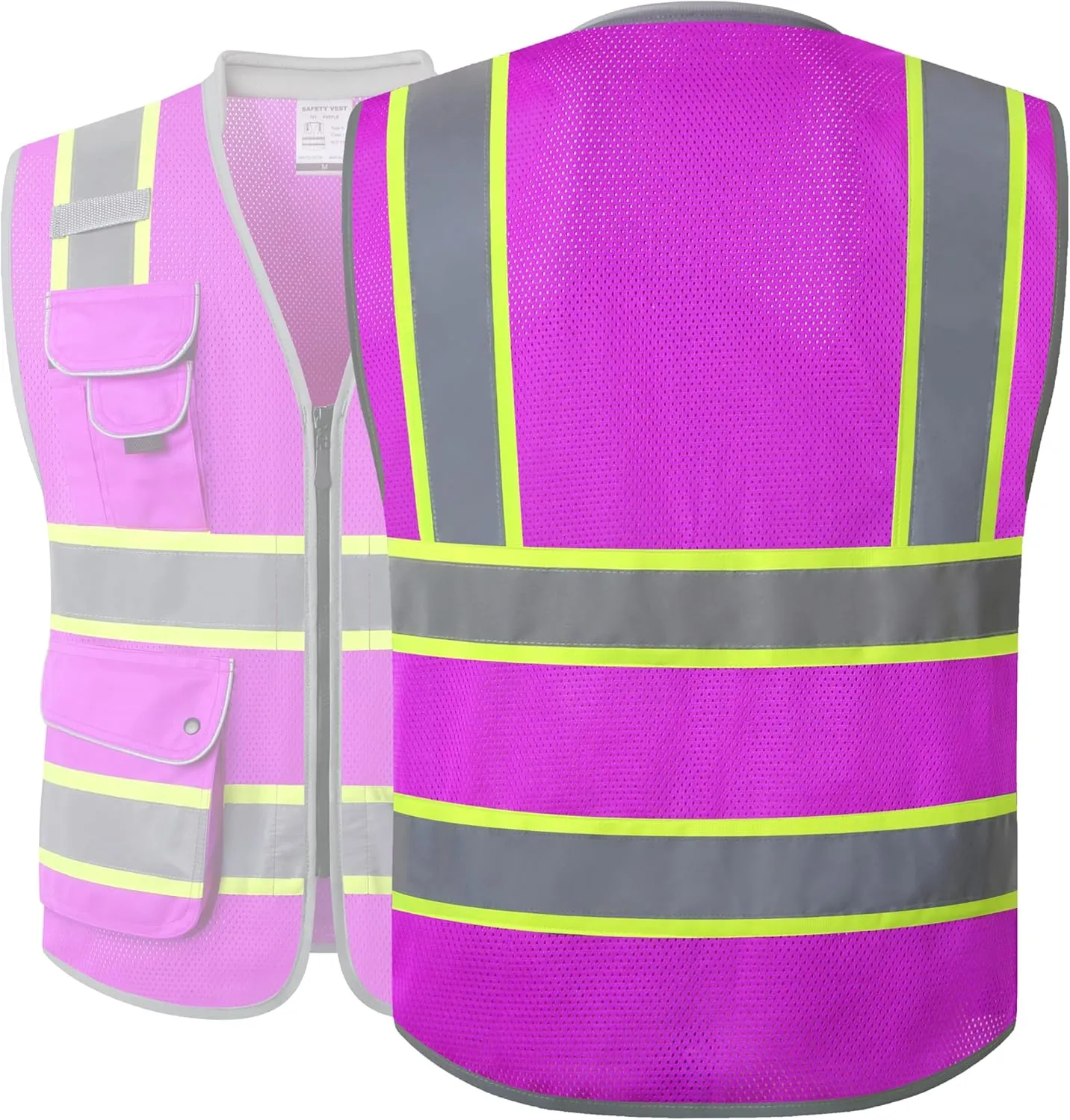 JKSafety 9 Pockets Hi-Vis Safety Vest Breathable Mesh Fabric Cushioned Collar Work Utility PPE Lightweight Industrial Work Gear ANSI/ISEA compliant (101-Purple M)