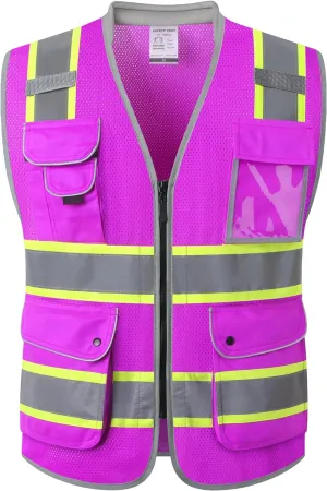 JKSafety 9 Pockets Hi-Vis Safety Vest Breathable Mesh Fabric Cushioned Collar Work Utility PPE Lightweight Industrial Work Gear ANSI/ISEA compliant (101-Purple M)