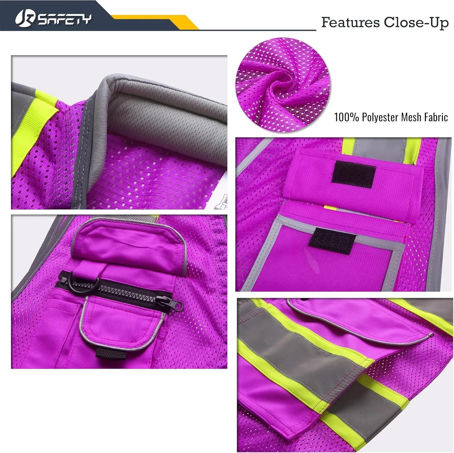 JKSafety 9 Pockets Hi-Vis Safety Vest Breathable Mesh Fabric Cushioned Collar Work Utility PPE Lightweight Industrial Work Gear ANSI/ISEA compliant (101-Purple M)