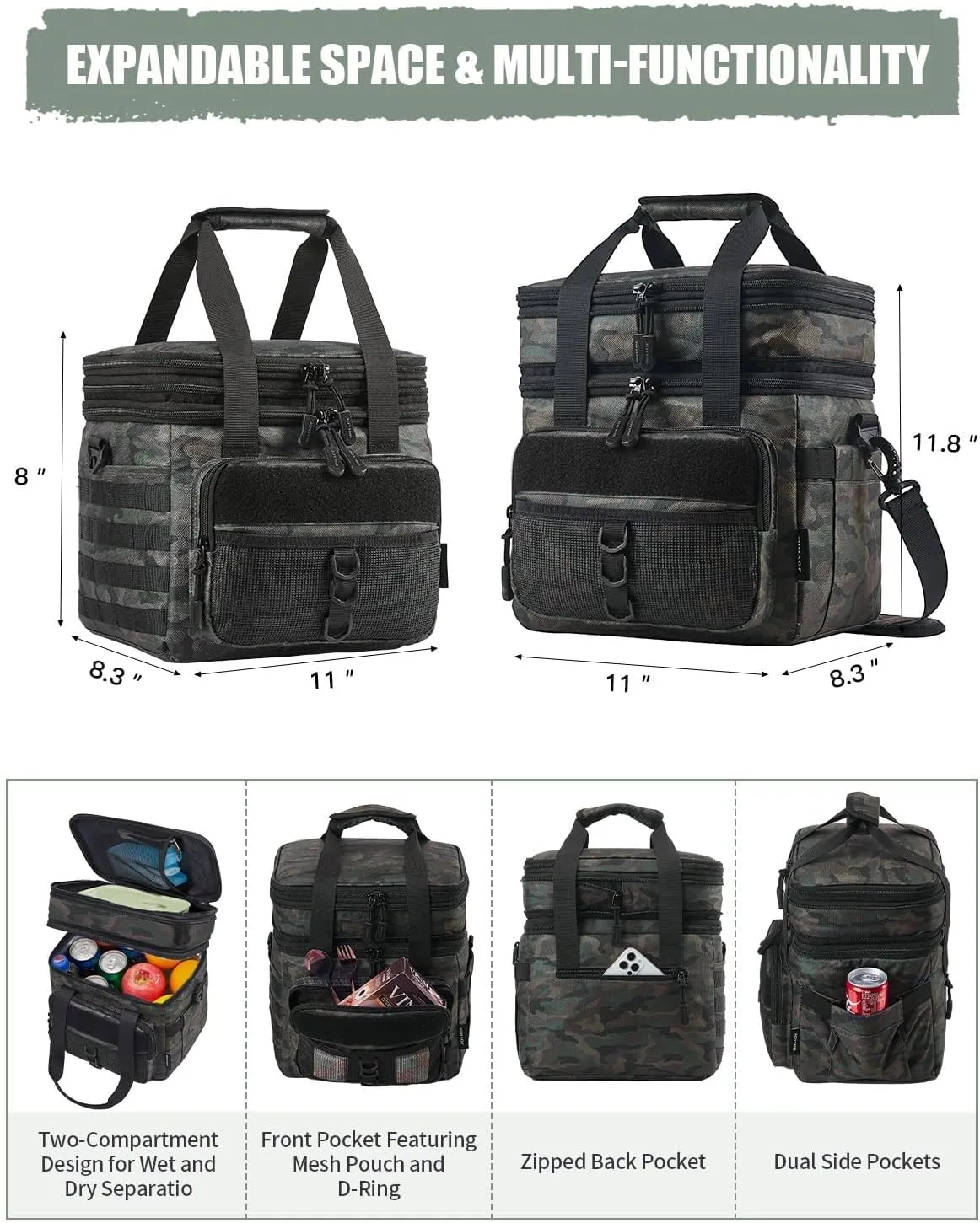 JOYHILL 18 L Tactical Lunch Box - Insulated, Leakproof, and Expandable Double-Deck Cooler Bag for Work, Camping, Picnic - Durable Black Lunch Bag for Adults, 24 Can