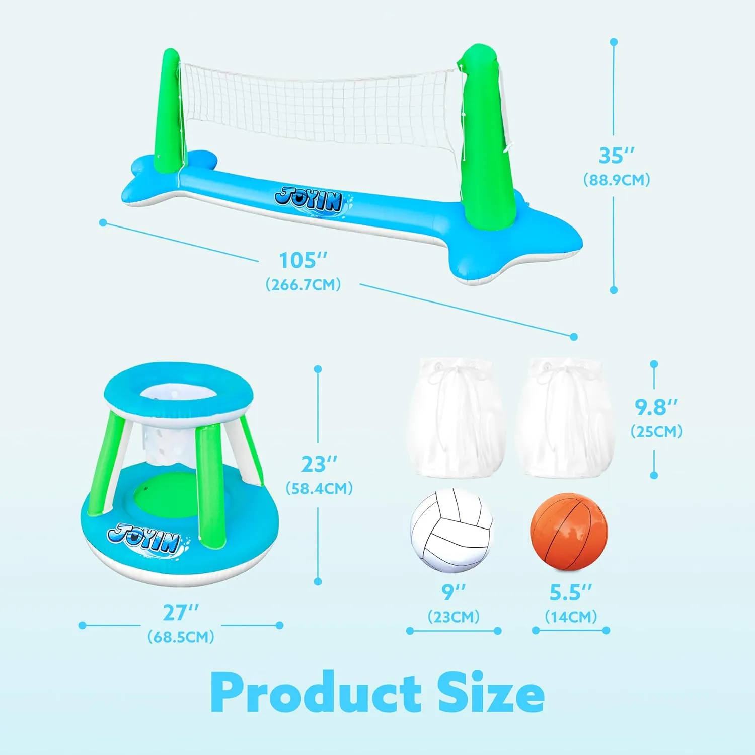 JOYIN Inflatable Volleyball Net & Basketball Hoops Pool Float Set; Balls Included for Kids and Adults, Summer Pool Game, Floaties, Volleyball Court (105”x28”x38”) Basketball (27.6”x23”),Green,Blue