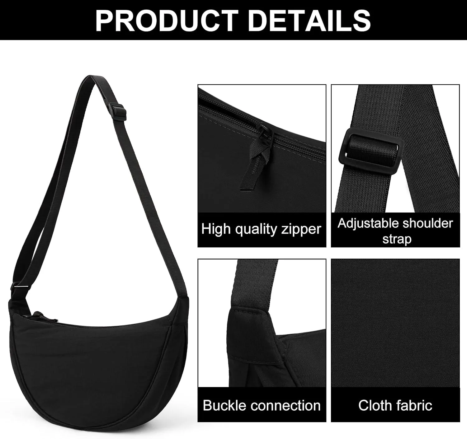 JQWSVE Nylon Crescent Bag for Women Men Crossbody Bag Hobo Sling Crescent Shoulder Bag Purse Casual Solid Color Dumpling Bag