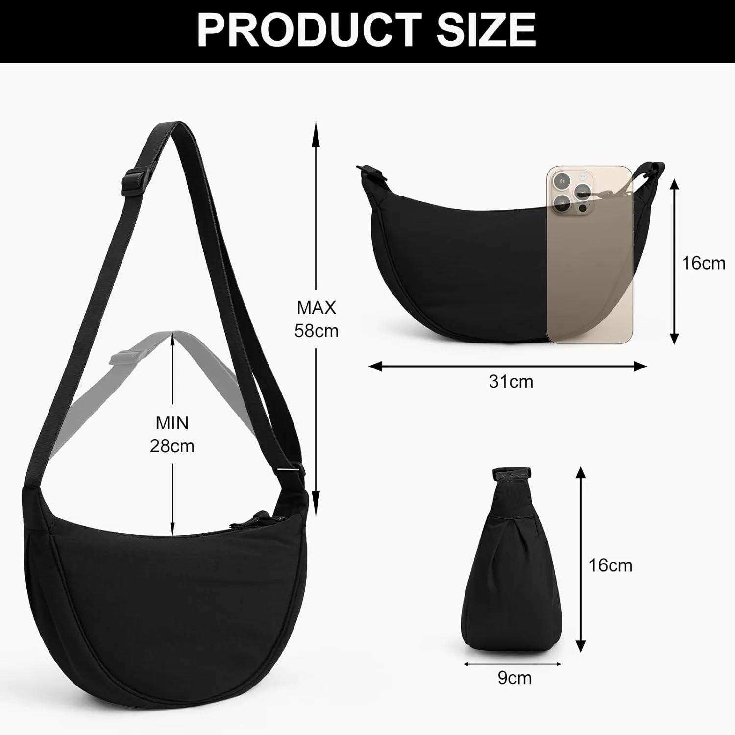 JQWSVE Nylon Crescent Bag for Women Men Crossbody Bag Hobo Sling Crescent Shoulder Bag Purse Casual Solid Color Dumpling Bag
